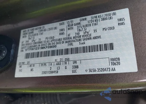 2021 Ford F-150 Xlt из США, поврежденный, VIN 1FTFW1E51MKF09690